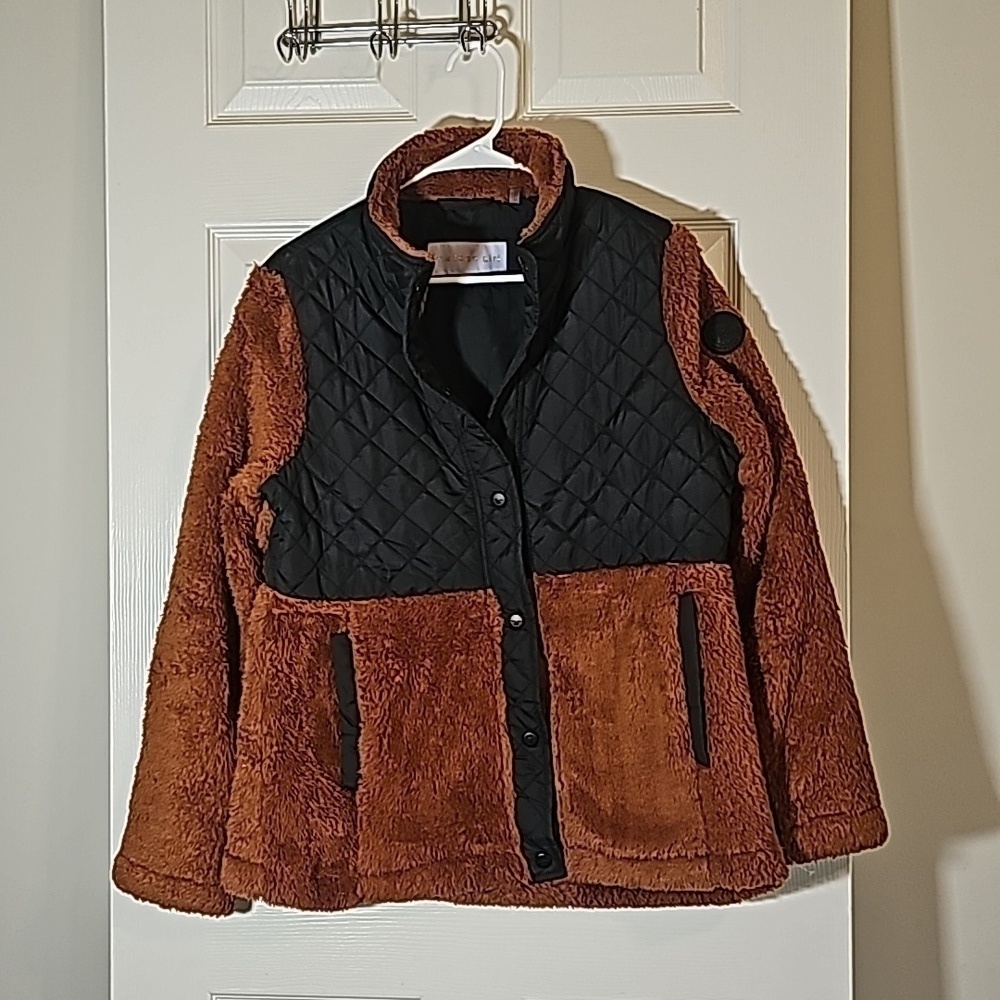 Madden Girl Sherpa Quilted Fleece Jacket Rust and Black Size L
